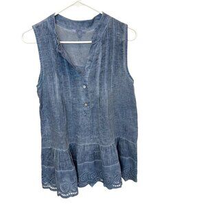 Rosemarine Blue Eyelet Sleeveless Tunic Tank Top Italy Lagenlook Artsy - Size Sm